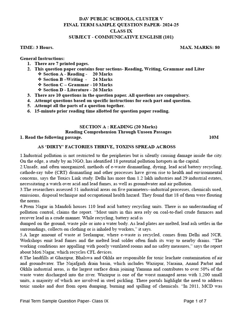 Class IX Communicative English Exam Paper | PDF | Waste | Mind