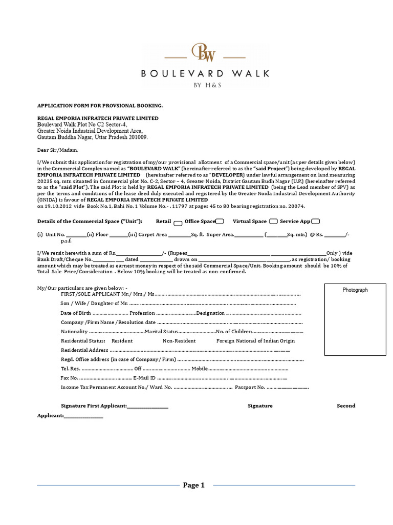 Provisional Booking Application for Commercial Space | PDF | Taxes | Lease
