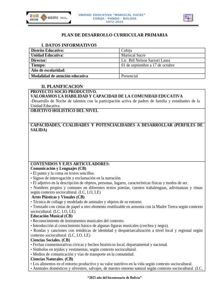 Plan Curricular Primaria 2025 Bolivia | PDF | Plan de estudios ...
