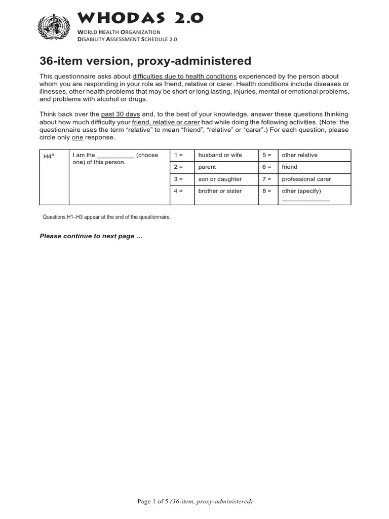 WHODAS 2.0 Proxy Questionnaire | PDF | Caregiver | Behavioural Sciences