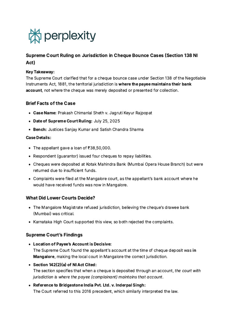 Supreme Court Ruling on Cheque Bounce Jurisdiction | PDF | Cheque | Justice