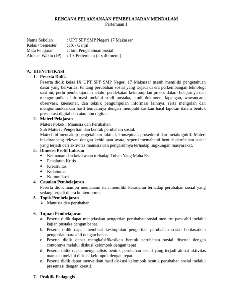 Contoh RPP Pembelajaran Mendalam | PDF