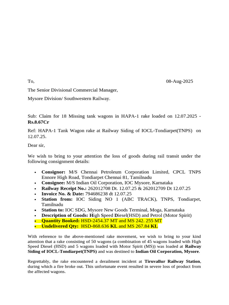 Claim for 18 Missing Tank Wagons | PDF | Petroleum | Hydrocarbons