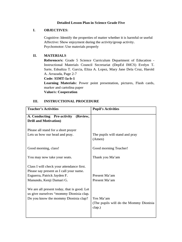 Grade 5 Science Lesson Plan on Matter | PDF