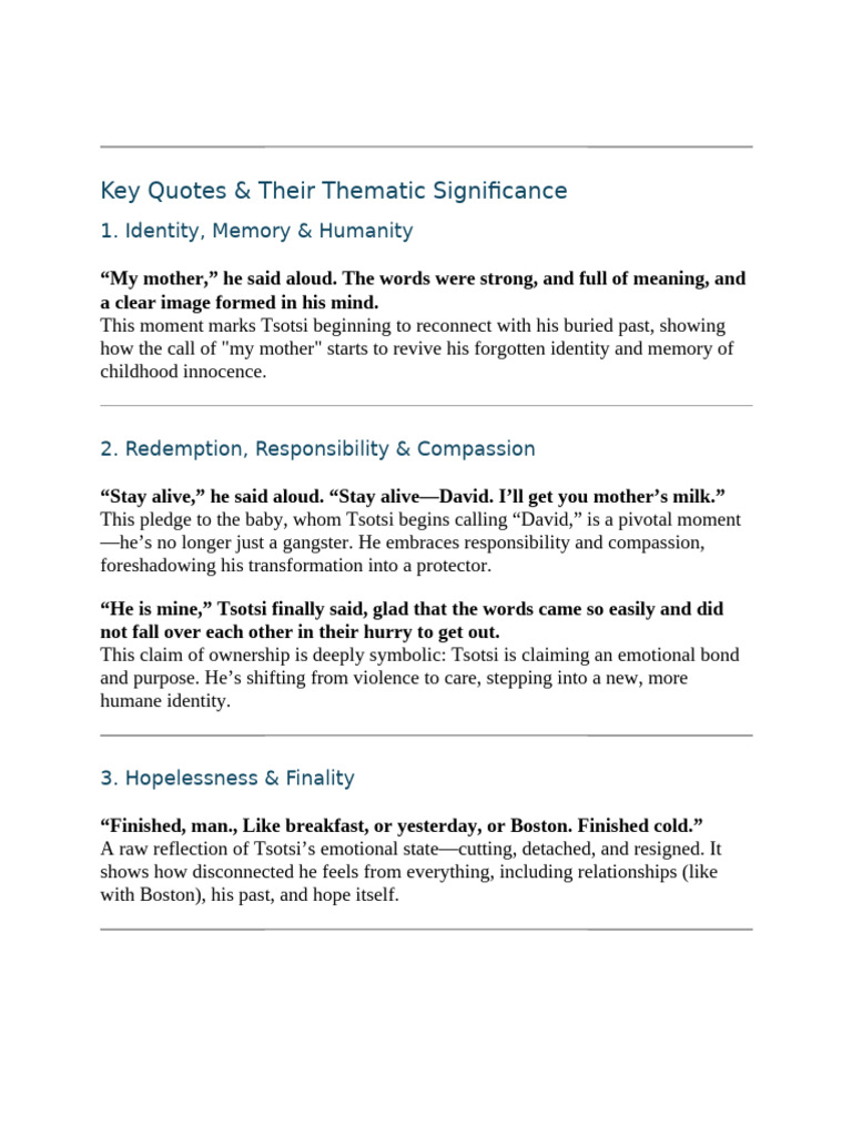 Key Quotes from Tsotsi and Their Themes | PDF | Compassion | Psychology