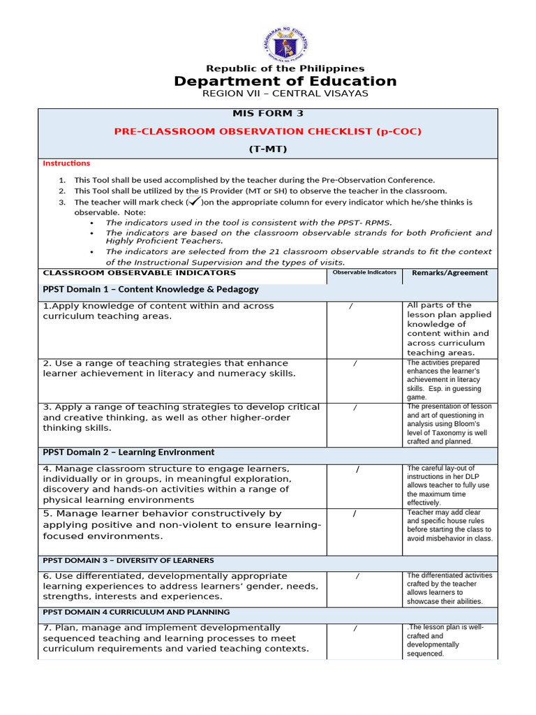 Pre-Classroom Observation Checklist | PDF | Teachers | Learning