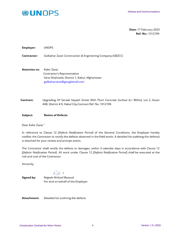 Notice of Defects for Kabul Construction | PDF