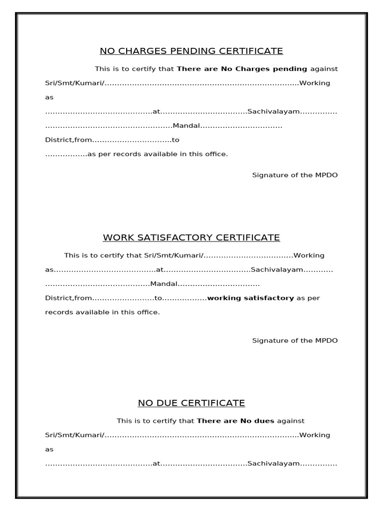No Charges and Dues Certificate Template | PDF