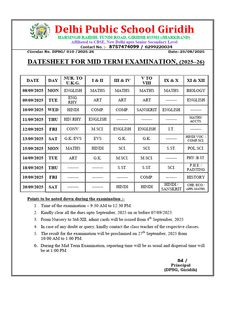 Mid Term Exam Datesheet 2025-26 | PDF