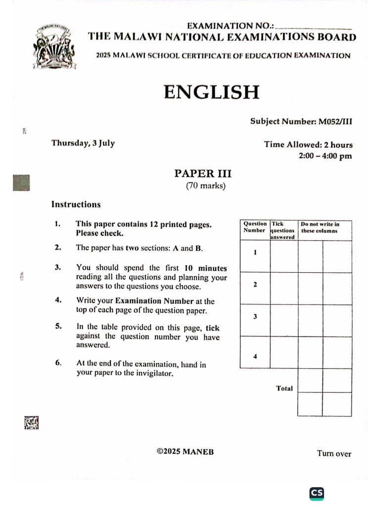 2025 Msce English III | PDF