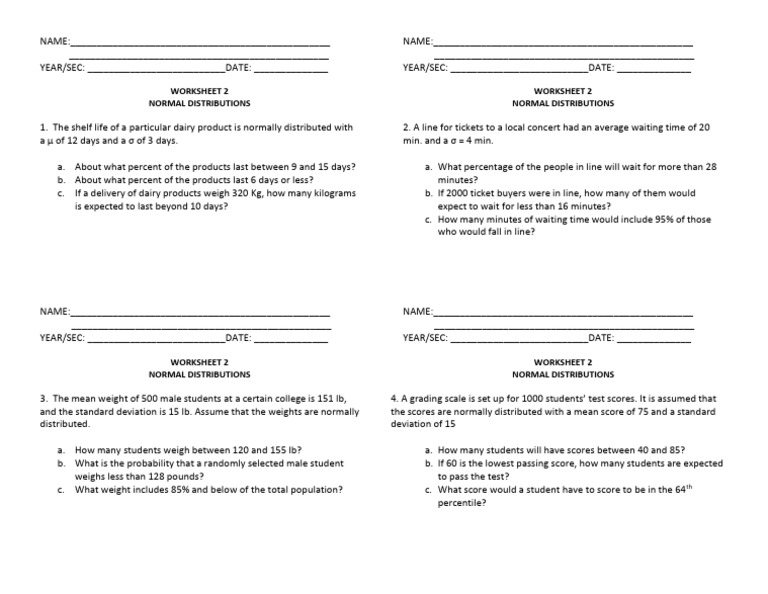 Normal Distribution Problems Worksheet | PDF | Normal Distribution ...