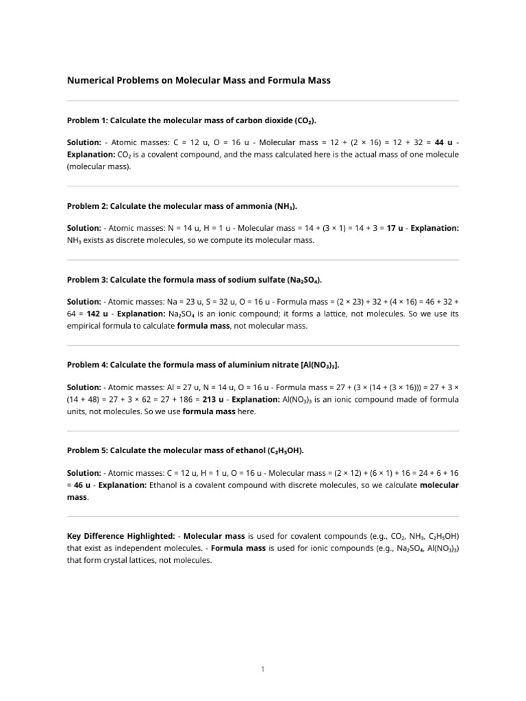 Molecular and Formula Mass Calculations | PDF