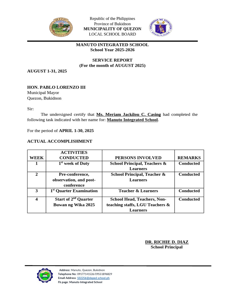 August 2025 Service Report: Manuto School | PDF