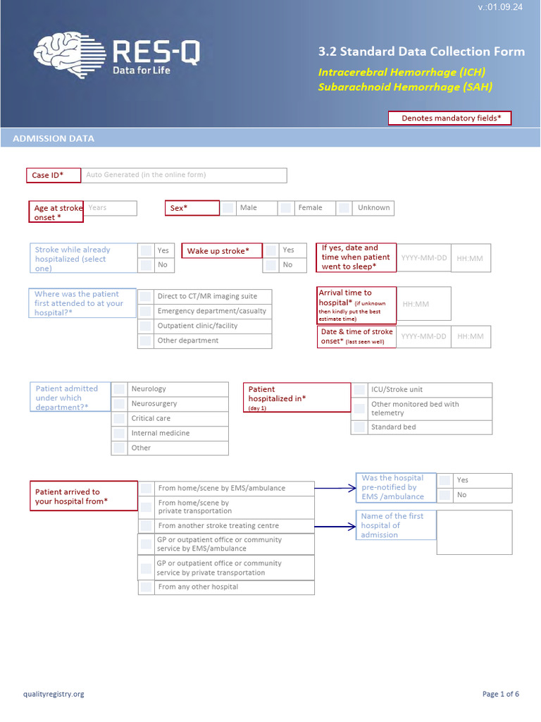 ICH and SAH Data Collection Form | PDF | Stroke | Cardiovascular System
