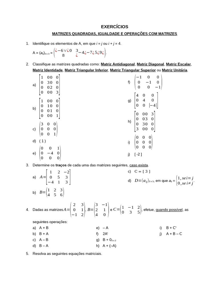 Exercícios sobre Igualdade de Matrizes | PDF | Matriz (Matemática ...