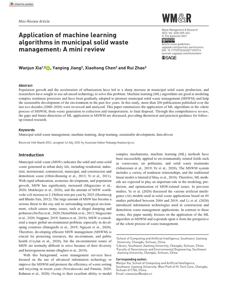 Xia Et Al 2021 Application of Machine Learning Algorithms in Municipal ...