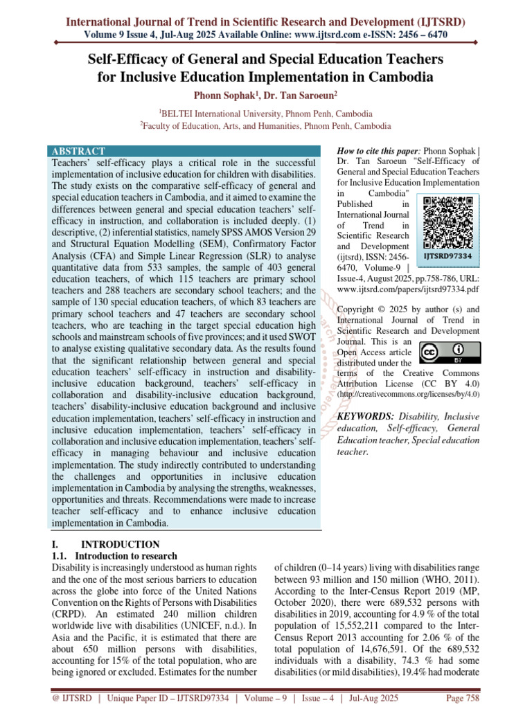 Self Efficacy of General and Special Education Teachers For Inclusive ...