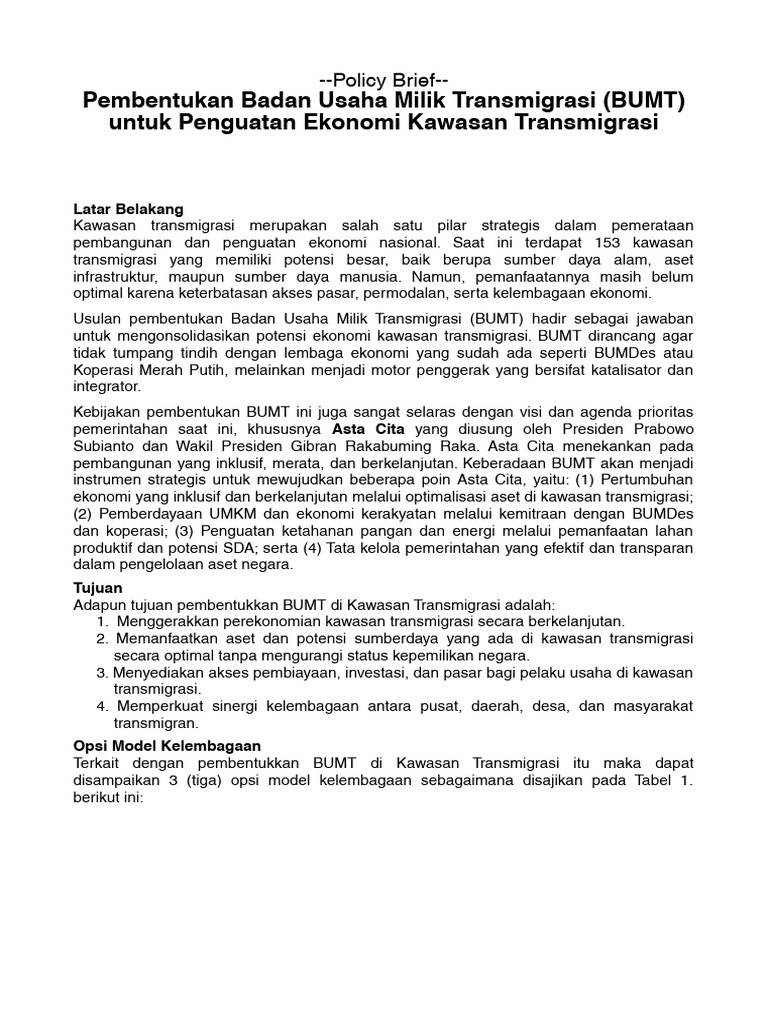 Pembentukan BUMT untuk Ekonomi Transmigrasi | PDF