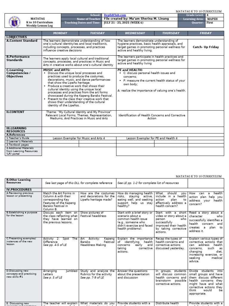 DLL Matatag - Mapeh 4 q1 w6 v2 | PDF | Curriculum | Learning