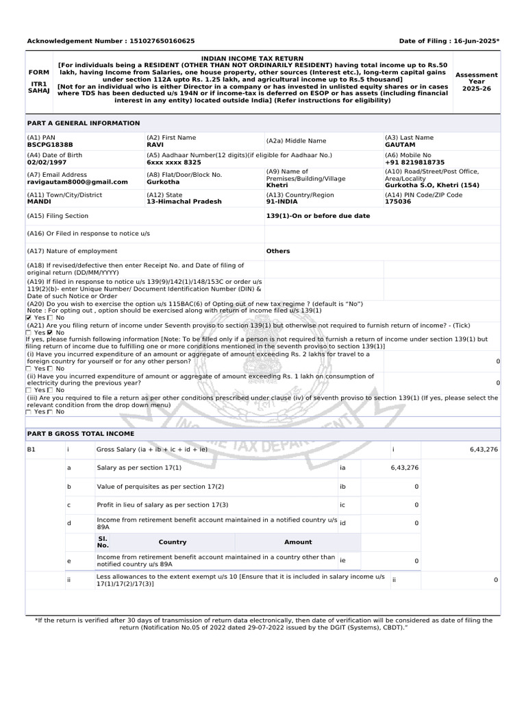ITR1 Income Tax Return for FY 2025-26 | PDF | Government Finances | Taxes