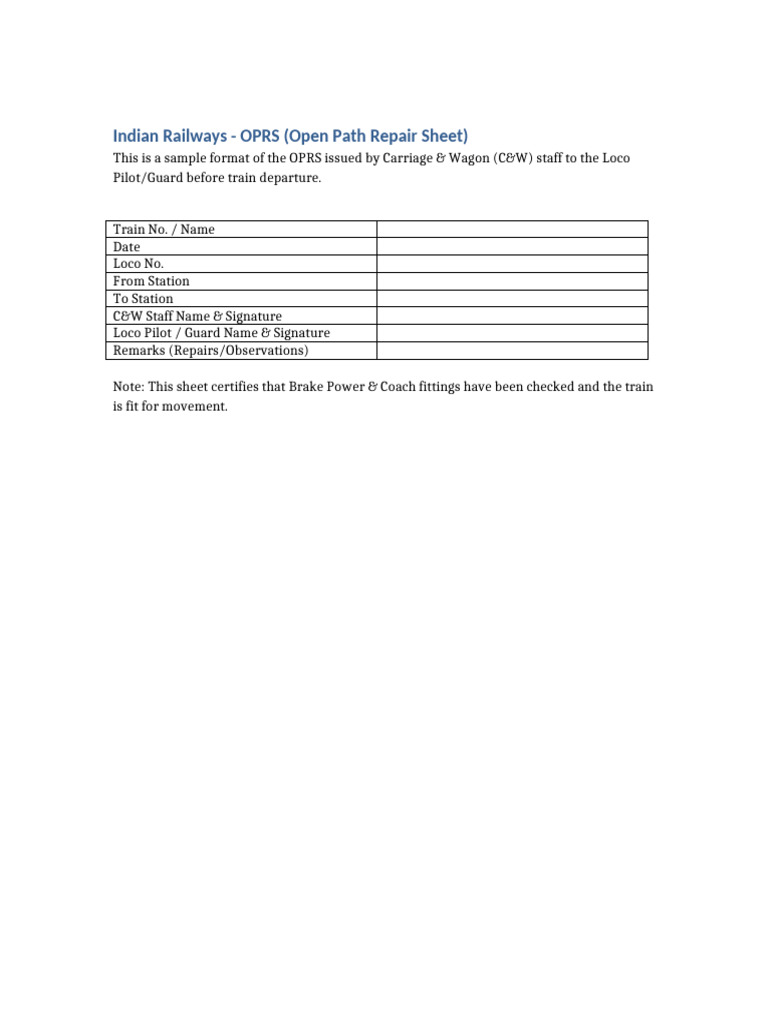 OPRS Format for Train Departure | PDF