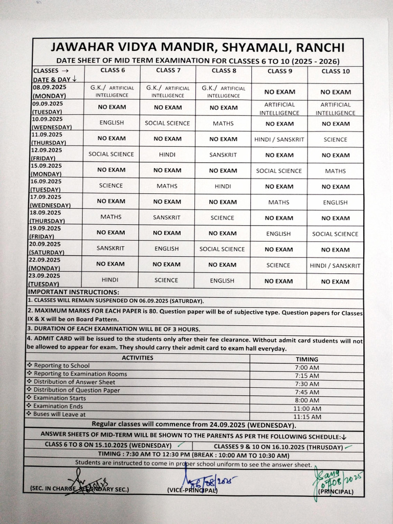 Half Yearly Exam Schedule - 2025 - 08 - 08 - 13 - 38 - 58 - 085 | PDF