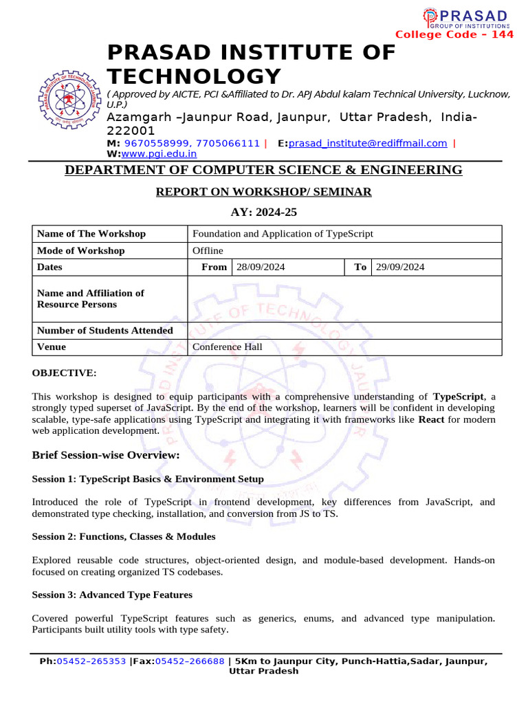 TypeScript Workshop Report 2024-25 | PDF | Java Script | Computer ...