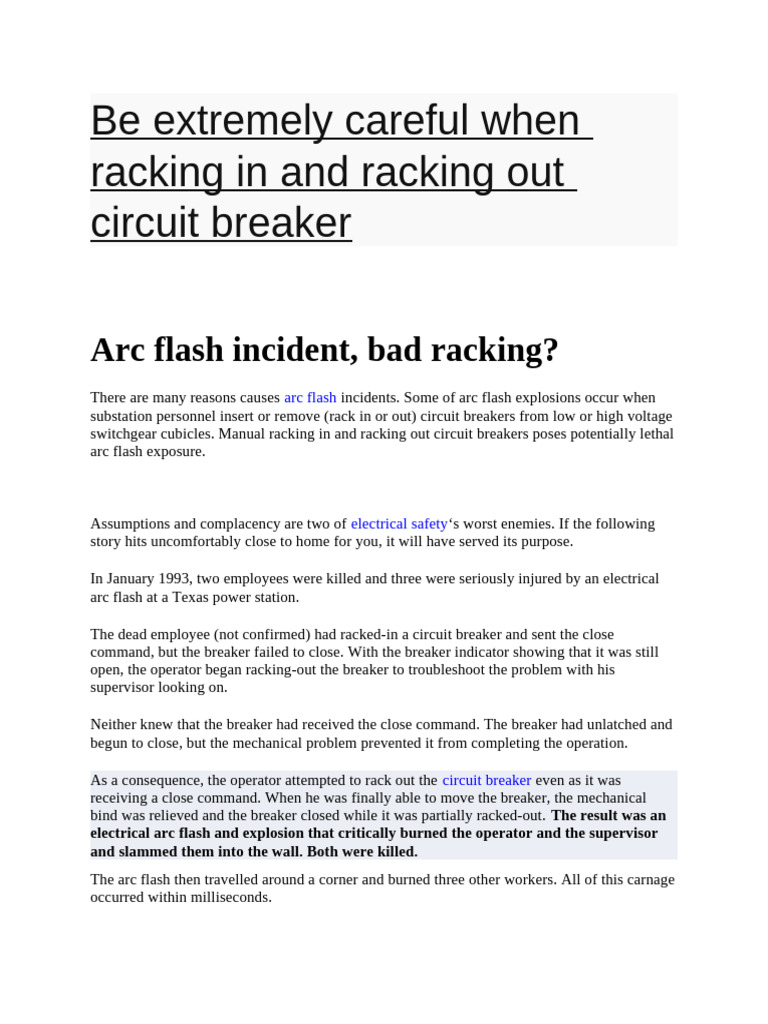 Be Extremely Careful When Racking in and Racking Out Circuit Breaker | PDF