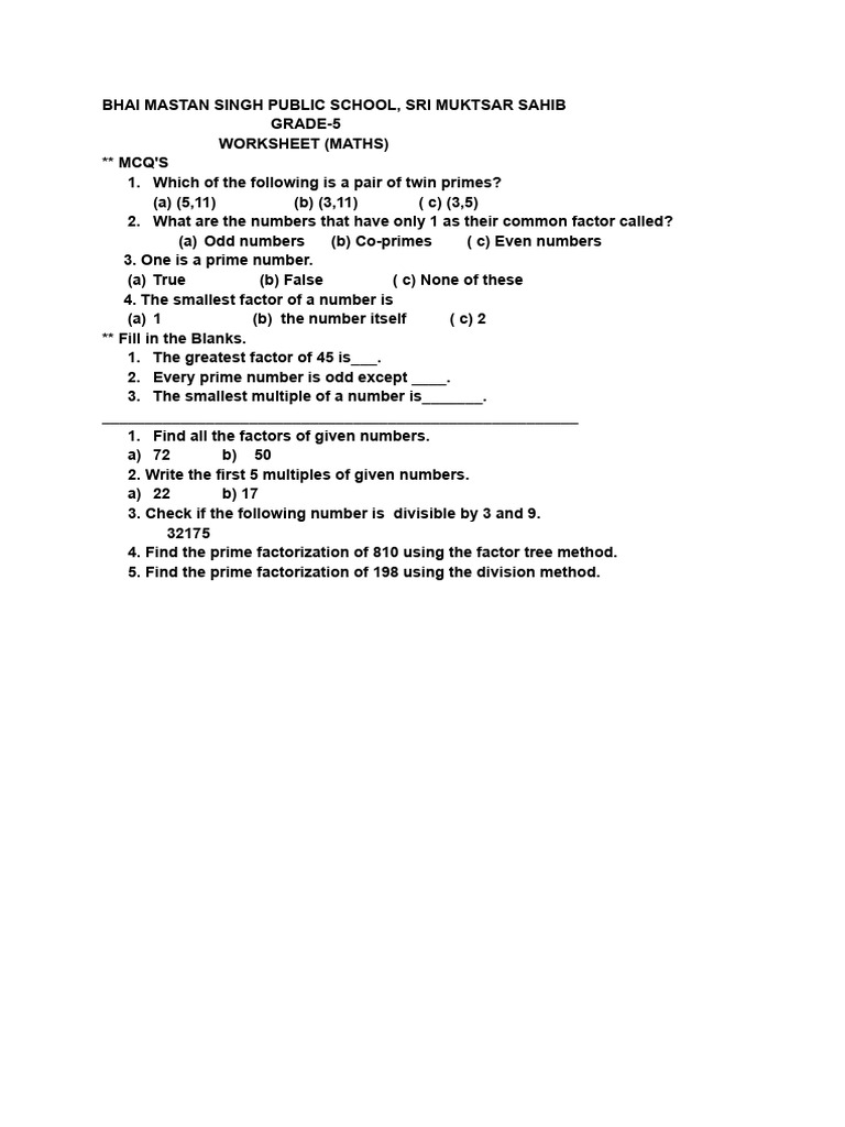 Grade 5 Maths Worksheet MCQs & Exercises | PDF