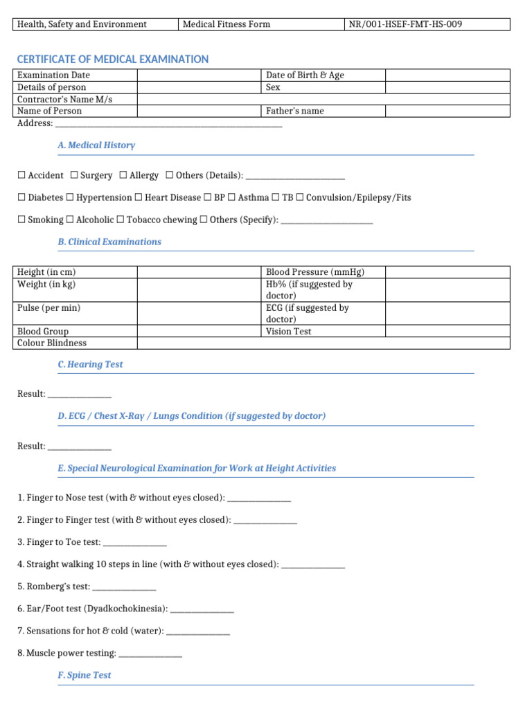 Medical Fitness Form OnePage | PDF