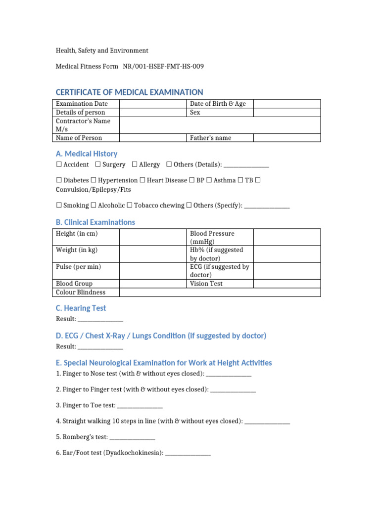 Medical Fitness Form | PDF