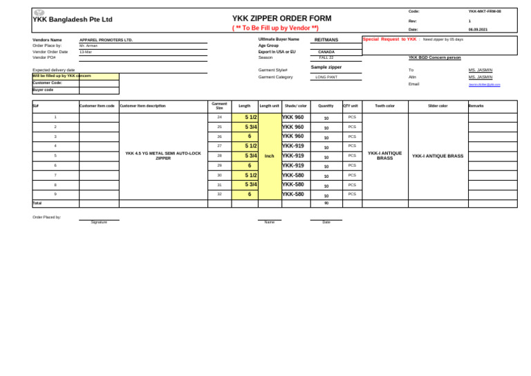 YKK Zipper Order Form for Apparel | PDF | Clothing | Fashion