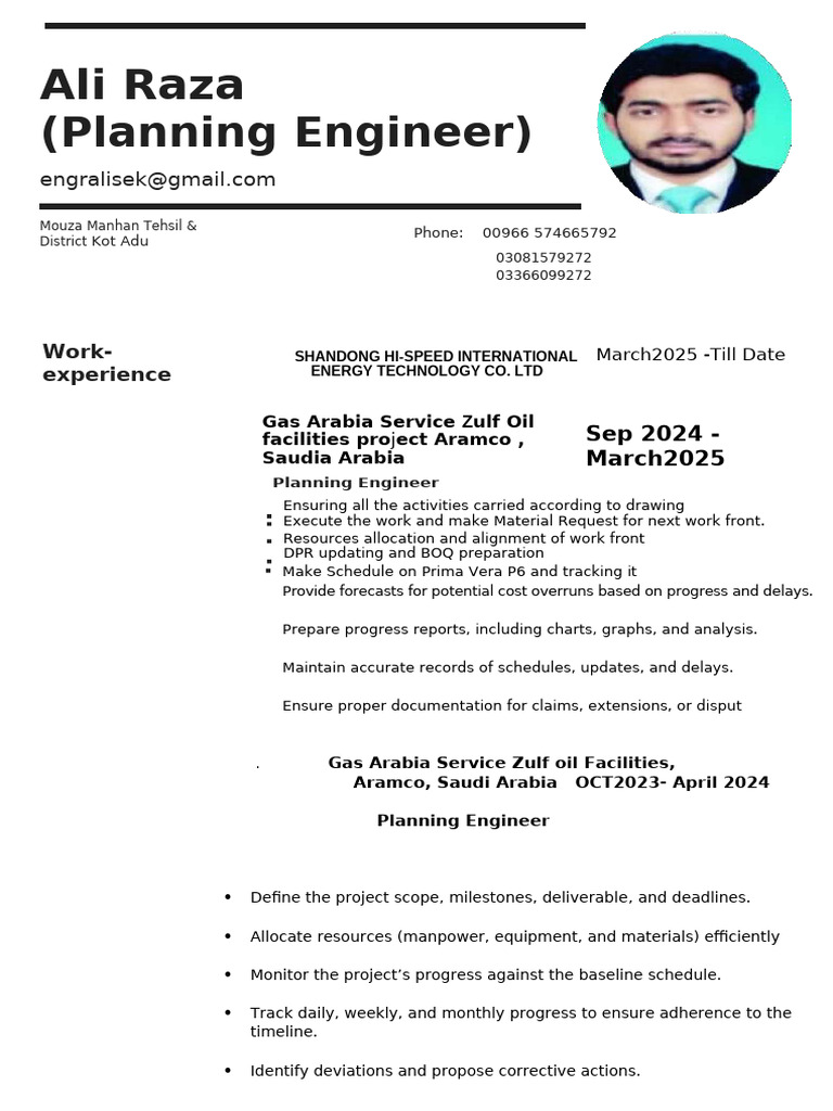 Planning Engineer Resume - Ali Raza | PDF | Logistics