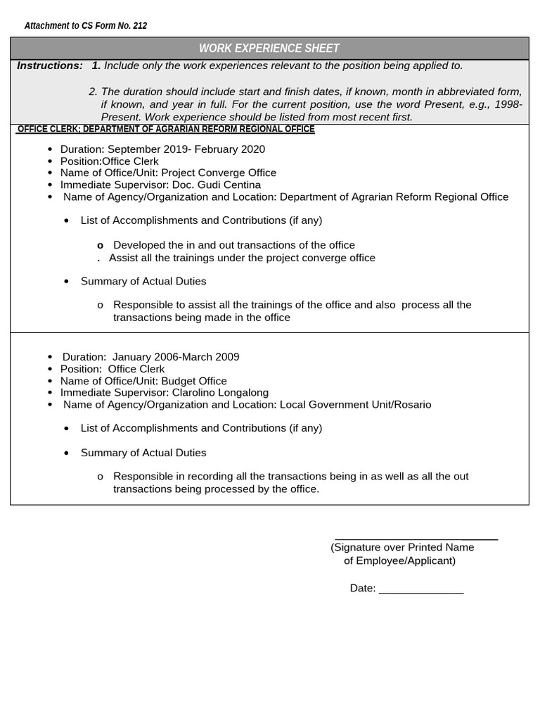 Work Experience Sheet for CS Form 212 | PDF