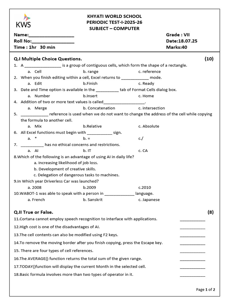 Class Vii PT 1 Computer 2025 26 | PDF | Microsoft Excel | Artificial ...