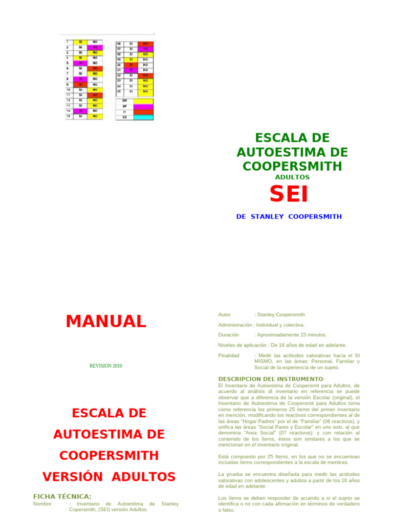 Escala de Autoestima Coopersmith Adultos | PDF | Autoestima | Sicología