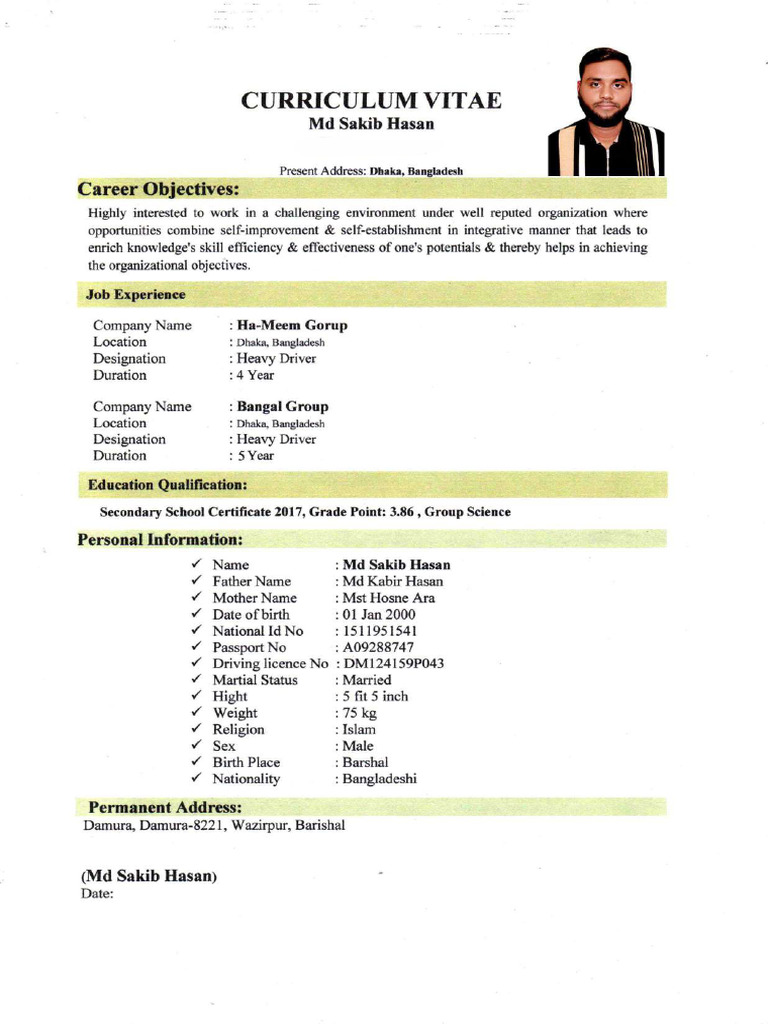 MD SAKIB HASAN Heavy Driver | PDF
