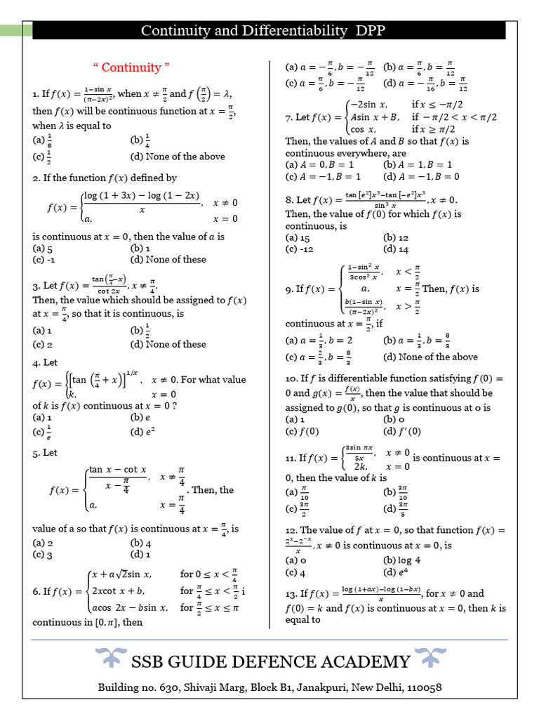 Continuity and Differentiability DPP | PDF | Function (Mathematics ...