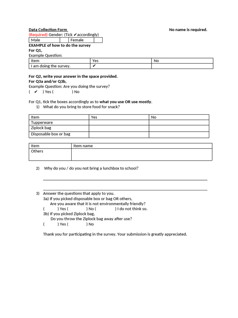 Food Storage Survey Data Collection Form | PDF