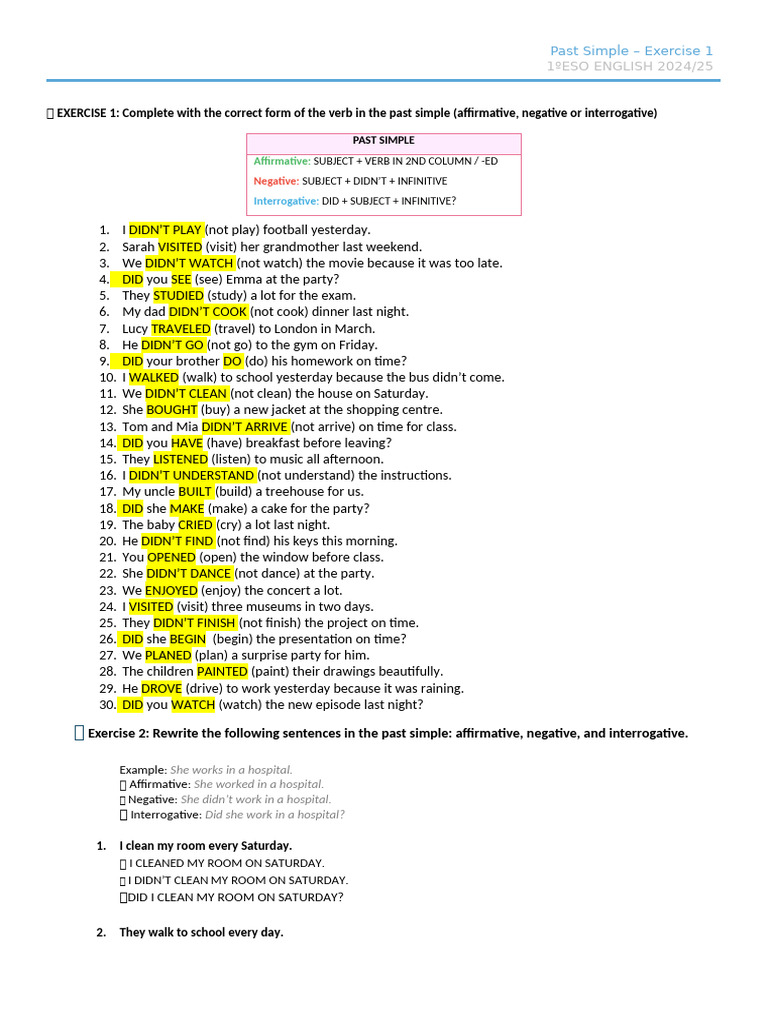 Past Simple Verb Exercises for 1ºESO | PDF | Grandparent | Syntax