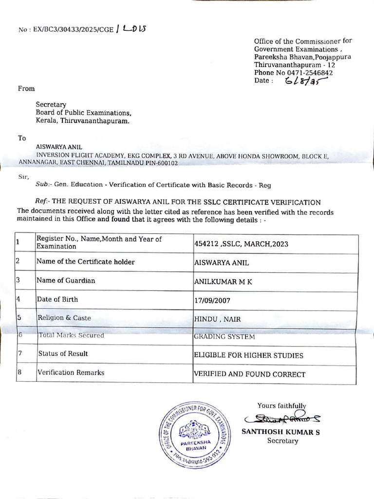 SSLC Certificate Verification for AISWARYA ANIL | PDF