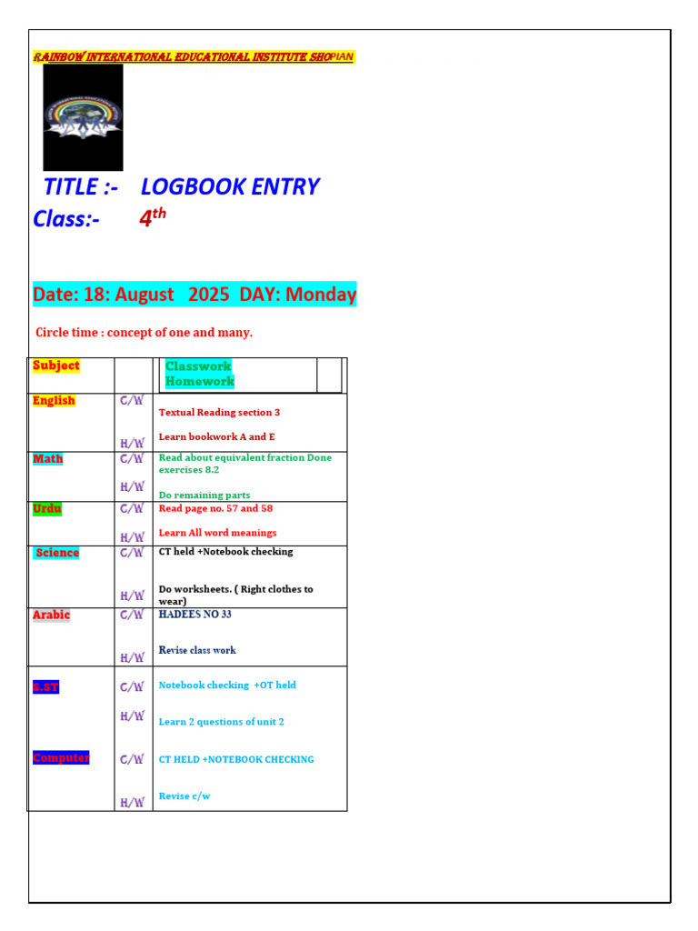 4th Grade Logbook Entry - August 2025 | PDF