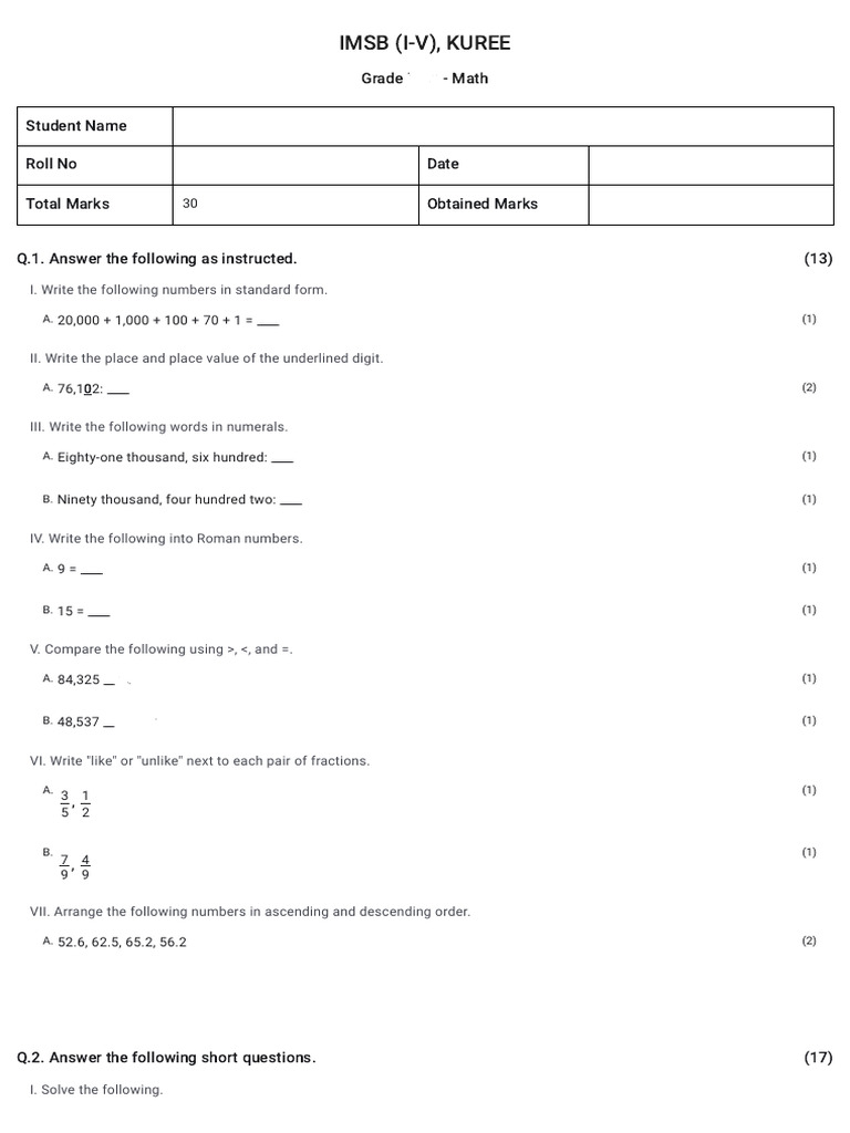 Grade 4 Math Exam: Number Concepts | PDF | Mathematics | Mathematical ...