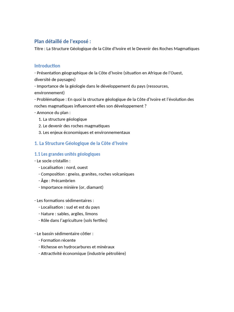 Plan Exposé Géologie Côte D Ivoire | PDF | Géologie | Roche magmatique
