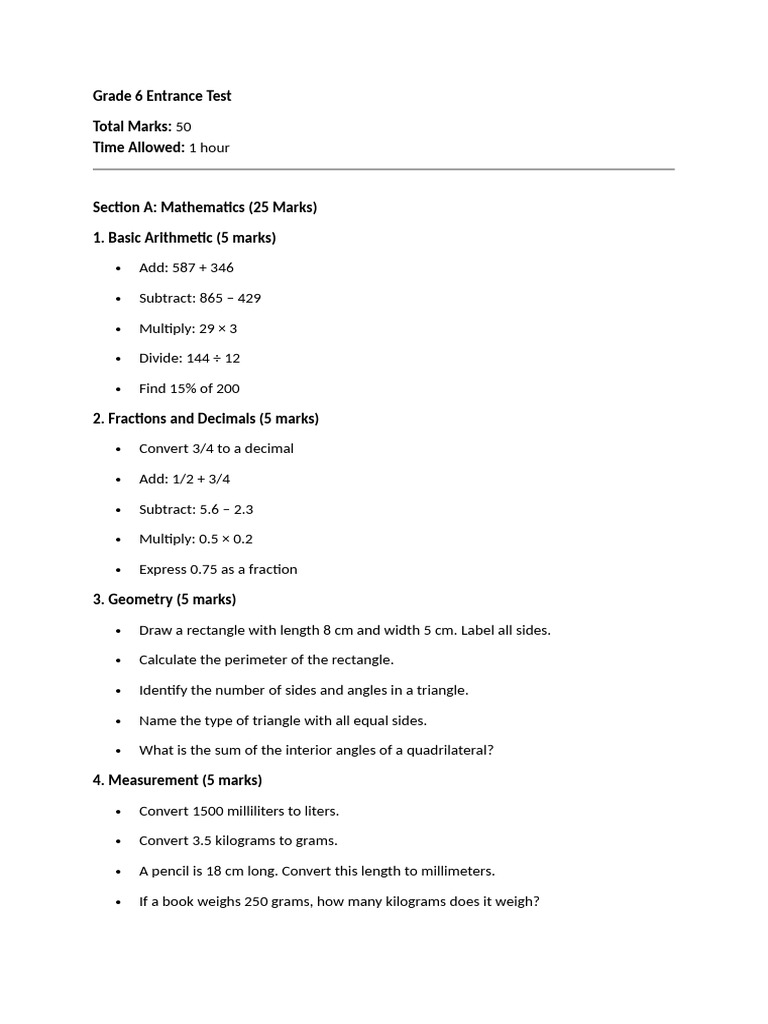 Grade 6 Math and English Entrance Test | PDF | Length | Rectangle
