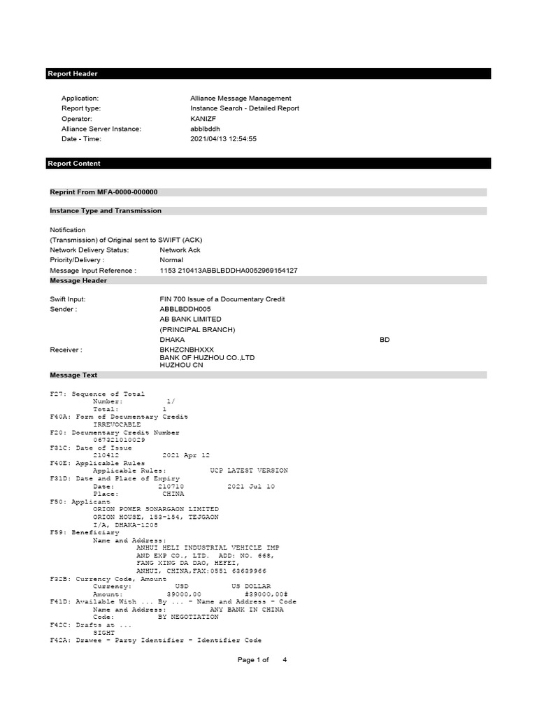 Detailed SWIFT Message Report | PDF | Cargo | Bill Of Lading