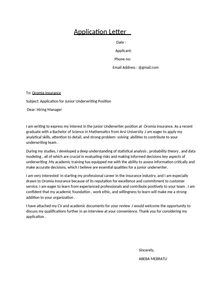 Junior Underwriter Application - Abeba Mebratu | PDF