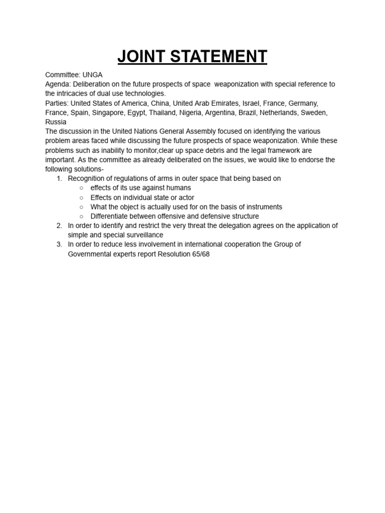 UNGA Joint Statement on Space Weaponization | PDF
