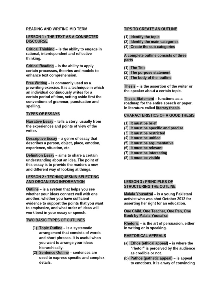 Midterm Guide: Reading & Writing Skills | PDF | Essays | Human ...