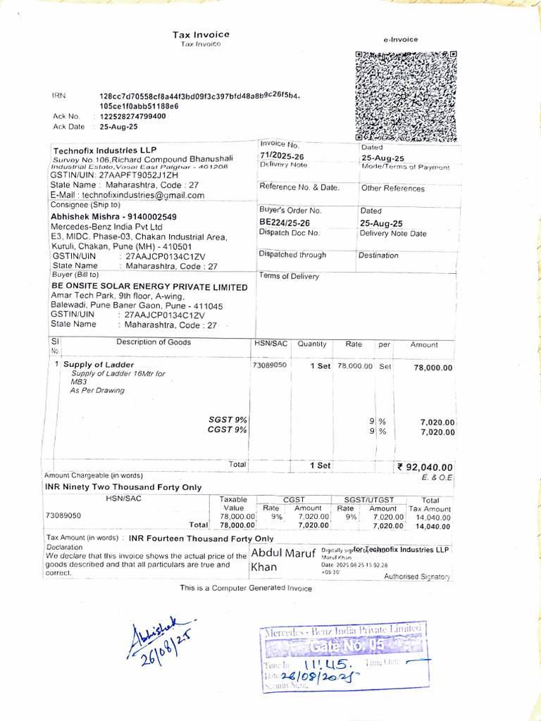 Invoice for Ladder Supply to Mercedes-Benz | PDF
